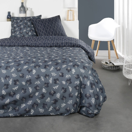 Parure de lit double "Sunshine" en coton à imprimé de petites feuilles - Bleu - 240 x 260 cm