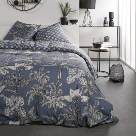 Parure de lit double réversible "Sunshine" en coton imprimé Palme - Bleu denim - 240 x 260 cm