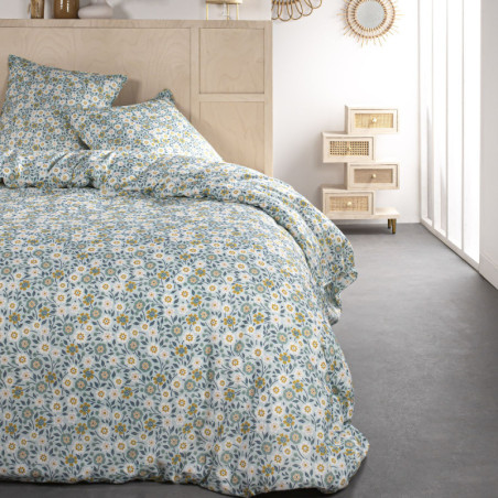 Parure de lit double réversible "Sunshine" en coton imprimé floral - Vert céladon - 240 x 260 cm