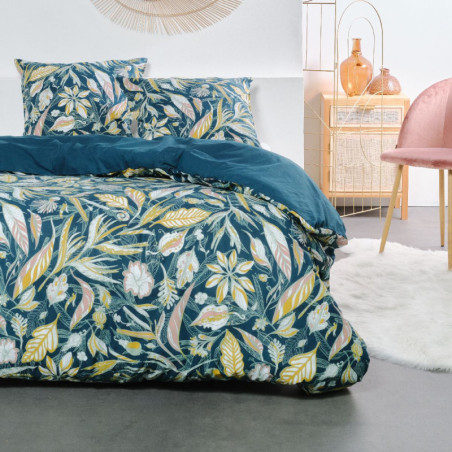 Parure de lit double réversible "Sunshine" en coton imprimé de végétaux - Bleu paon - 240 x 260 cm