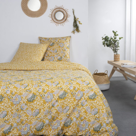 Parure de lit double "Indian Flowers" en coton imprimé oriental - Jaune - 240 x 260 cm