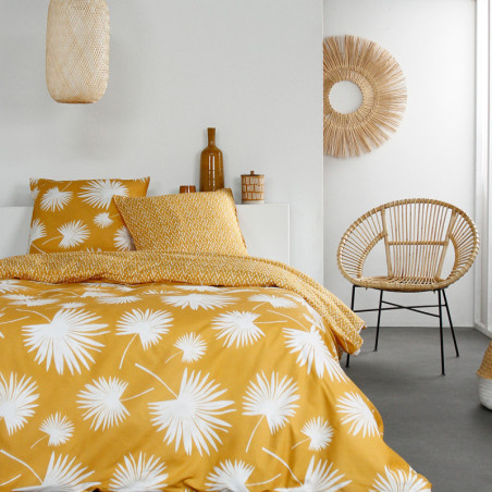 Parure de lit double en coton avec imprimé feuilles palmier "Sunshine" - Jaune et Blanc - 240 x 260 cm