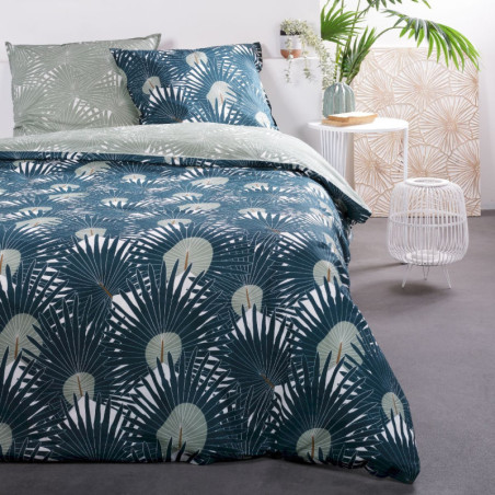 Parure de lit double en coton avec motif feuilles de palmier "Sunshine" - Bleu et Vert - 240 x 260 cm