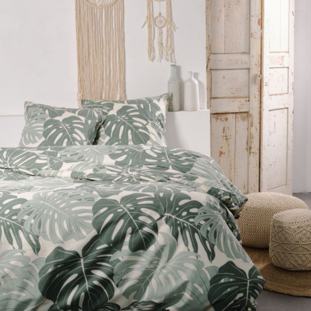 Parure de lit double en coton "Sunshine" imprimé feuille de Monstera - Vert/Blanc - 220 x 240 cm