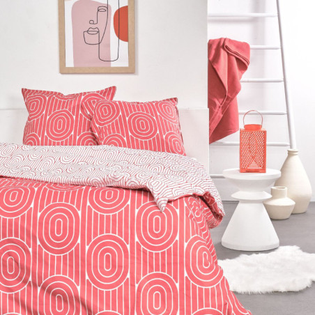 Parure de lit double en coton "Sunshine" imprimé géométriques - Rose corail/Blanc - 220 x 240 cm