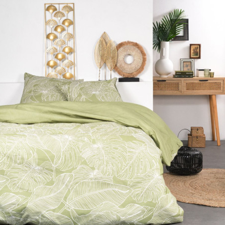 Parure de lit double imprimé feuillages en coton "Sunshine" - Vert - 220 x 240 cm