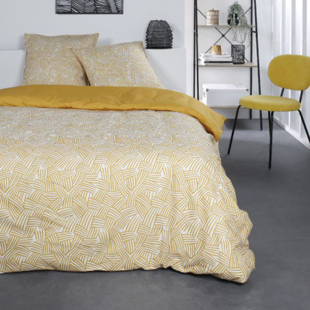 Parure de lit double à motif entrecroisé en coton "Sunshine" - Blanc et Jaune - 220 x 240 cm