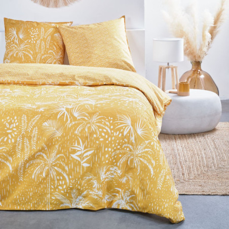 Parure de lit double à motif palmier en coton "Sunshine" - Jaune - 220 x 240 cm