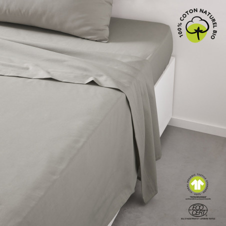 Drap plat lit simple "Organic" en coton bio - Gris clair - 180 x 290 cm