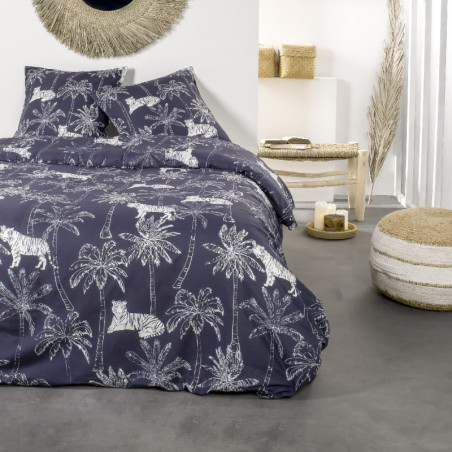 Parure de lit double à imprimé palmier et tigre en coton "Sunshine" - Bleu marine - 240 x 260 cm