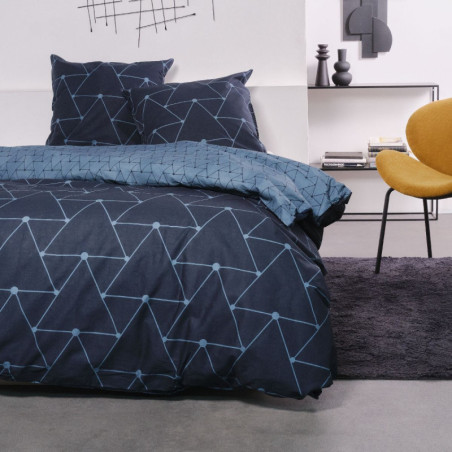 Parure de lit double "Sunshine" en coton à motifs triangulaires - Bleu - 220 x 240 cm