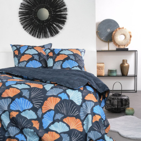 Parure de lit double "Sunshine" en coton imprimé feuilles tropicales - Bleu et orange - 220 x 240 cm