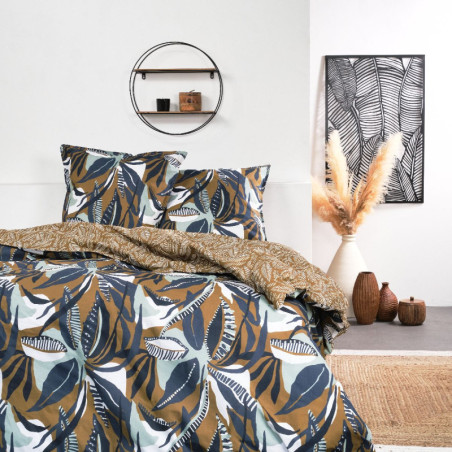 Parure de lit double "Sunshine" en coton imprimé jungle - Bleu et orange - 220 x 240 cm