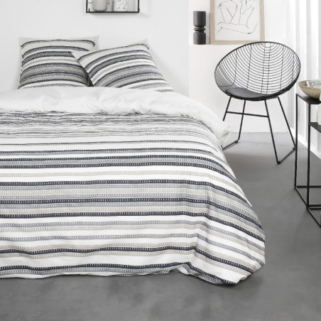 Parure de lit double "Sunshine" en coton imprimé à rayures - Blanc et gris - 220 x 240 cm