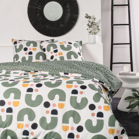 Housse de Couette lit double "Sunshine" en coton imprimé graphique - Vert et blanc - 220 x 240 cm