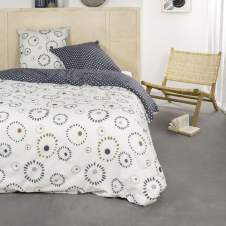 Parure de lit double "Sunshine" en coton imprimé motifs circulaires - Bleu marine et blanc - 220 x 240 cm