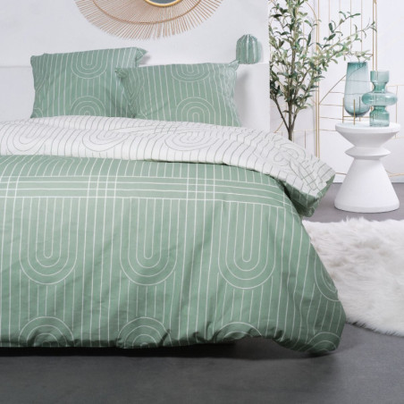 Parure de lit double "Sunshine" en coton imprimé motif à rayures - Vert et blanc - 220 x 240 cm