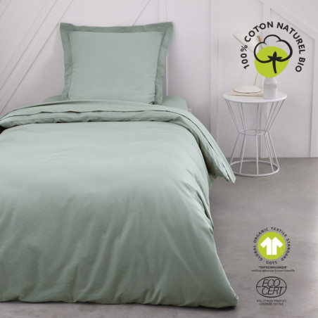 Drap plat lit simple "Organic" en coton bio - Vert celadon - 180 x 290 cm