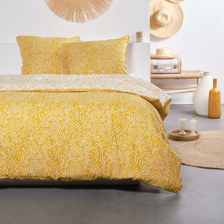 Parure de lit double "Sunshine" en coton imprimé empreintes digitales - Jaune - 220 x 240 cm