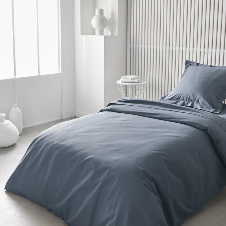 Drap plat lit simple "Essential" en coton - Bleu denim - 180 x 290 cm