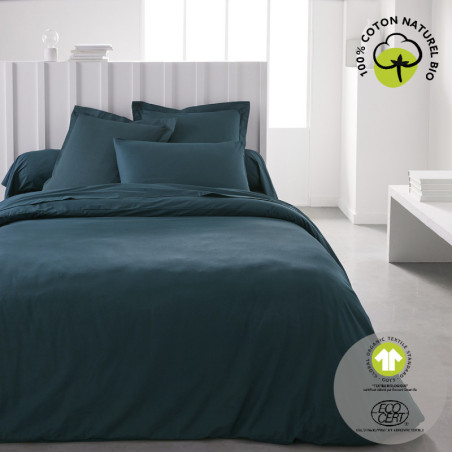 Drap plat lit double "Organic" en coton bio - Bleu paon - 240 x 300 cm