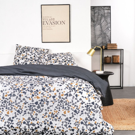Parure de lit double "Sunshine" en coton à motif mozaïque - Gris/Jaune- 240 x 260 cm