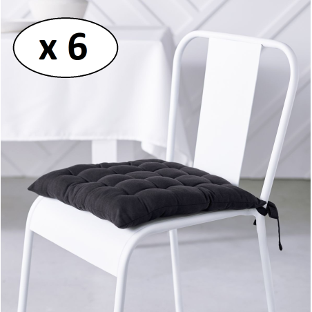 Lot de 6 galettes de chaises carré "Essential" en coton matelassé - Gris fusain - 38 x 38 cm