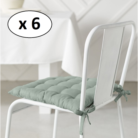 Lot de 6 galettes de chaises carrée "Essential" en coton matelassé - Vert celadon - 38 x 38 cm