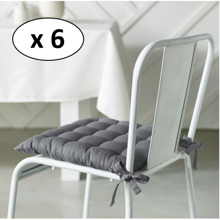 Lot de 6 galettes de chaises carré en coton "Essential" - Gris acier - 38 x 38 cm