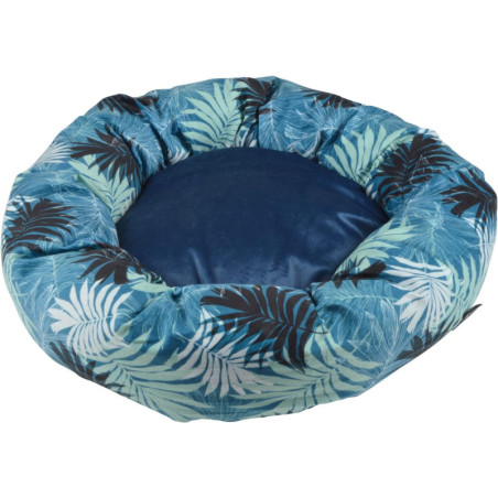 Coussin rond pour animaux à imprimé végétal "Eden" - Bleu/Vert - D 50 x H 16 cm