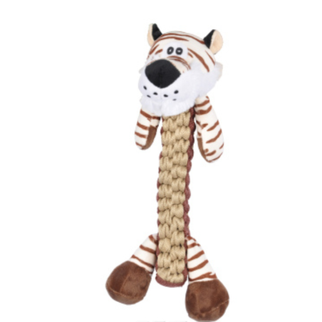 Jouet peluche Tigre avec corde sonore pour chien "Les Féroces" - Blanc/Marron - H 34 cm