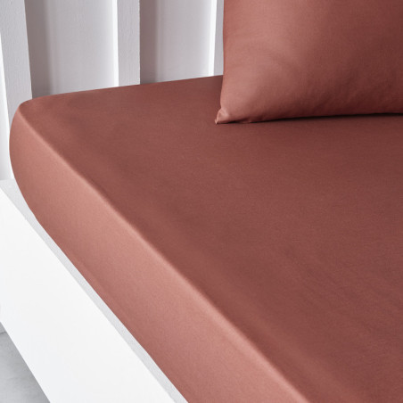 Drap housse en coton pour lit double "Essential" à grands bonnets - Terracotta - 140 x 200 cm