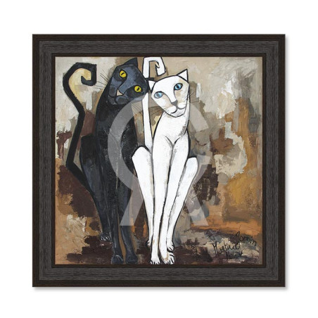 Cadre décoratif en bois avec toile vernis "Couple de chats 2" - Noir - 80 x 80 cm - Collection Gonnin