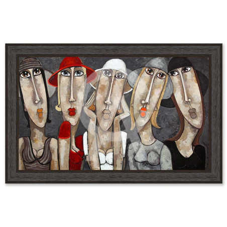 Cadre décoratif en bois avec toile vernis "Les filles aux chapeaux" - Noir - 80 x 120 cm - Collection Gonnin