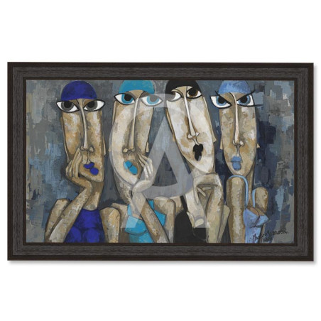 Cadre décoratif en bois avec impression en PVC vernis "Les baigneuses bleues" - Noir - 80 x 120 cm - Collection Gonnin