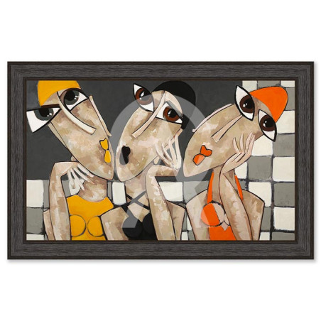 Cadre décoratif en bois avec impression en PVC vernis "Les Baigneuses à carreaux" - Noir - 40 x 60 cm - Collection Gonnin