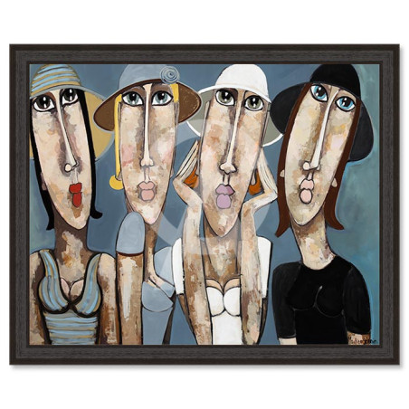 Cadre décoratif en bois avec impression en PVC vernis "Les Filles aux chapeaux Bleus" - Noir - 40 x 50 cm - Collection Gonnin
