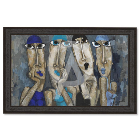 Cadre décoratif en bois avec toile vernis "Les Baigneuses Bleues" - Noir - 40 x 60 cm - Collection Gonnin