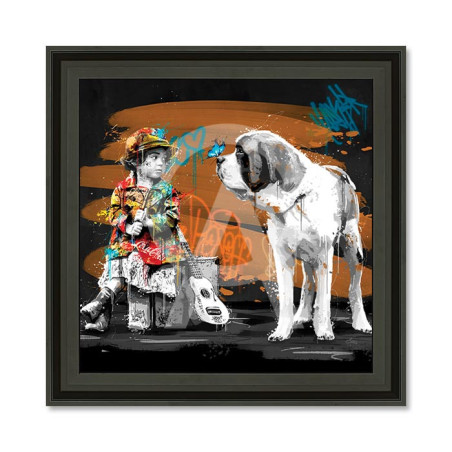 Cadre décoratif en bois avec impression en PVC vernis "La petite fille, le chien et le papillon" - Noir - 80 x 80 cm - Collecti