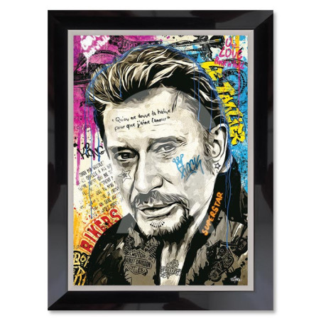 Cadre décoratif en bois avec impression en PVC vernis "Johnny Hallyday" - Noir - 50 x 70 cm - Collection Romaric