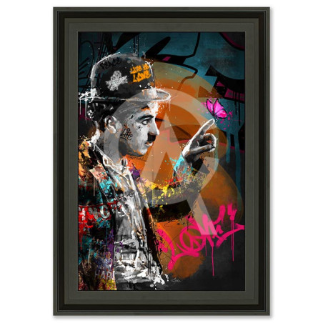 Cadre en bois avec impression en PVC vernis "Charlie Chaplin et le papillon" - Noir mat - 80 x 120 cm - Collection Romaric