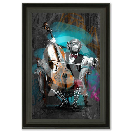 Cadre en bois avec impression en PVC vernis "Le singe violoncelliste" - Noir mat - 40 x 60 cm - Collection Romaric