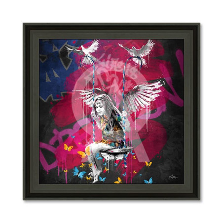 Cadre en bois avec impression en PVC vernis "La Fille et La Balançoire" - Noir mat - 40 x 40 cm - Collection Romaric