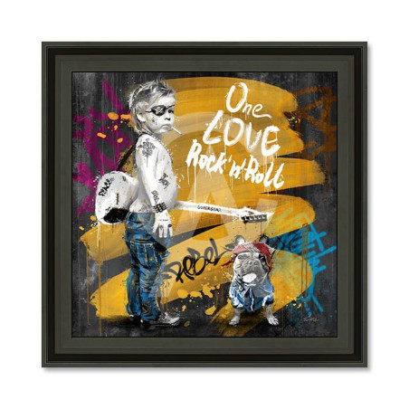 Cadre en bois avec impression en PVC vernis "Le petit rockeur et son chien" - Noir mat - 80 x 80 cm - Collection Romaric