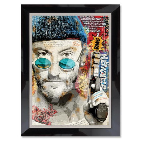 Cadre en bois avec impression en PVC vernis "Jean Reno - Noir/Argent - 50 x 70 cm - Collection Romaric