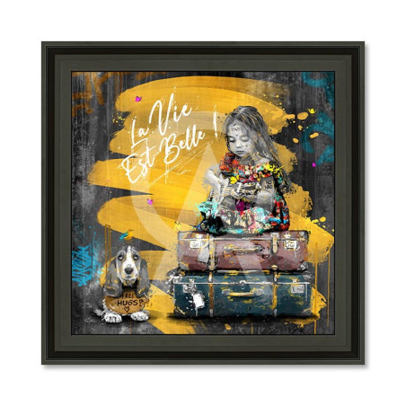 Cadre en bois avec impression en PVC vernis "La Petite Fille et La Guitare" - Noir mat - 80 x 80 cm - Collection Romaric