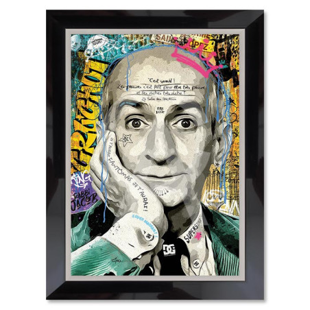 Cadre en bois avec impression en PVC vernis "Louis de Funes" - Noir/Argent - 50 x 70 cm - Collection Romaric