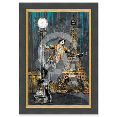 Cadre en bois avec impression en PVC vernis "L'homme, le lampadaire et la Tour Eiffel" - Noir/Dorée - 40 x 60 cm - Romaric