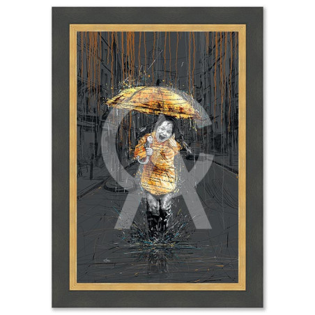 Cadre en bois avec impression en PVC vernis "La Petite Fille au Parapluie" - Noir/Dorée - 40 x 60 cm - Collection Romaric