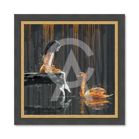 Cadre en bois avec impression en PVC vernis "La Petite Fille et le Cygne" - Noir/Dorée - 40 x 60 cm - Collection Romaric